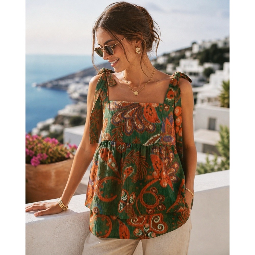 NWT Hunter Bell Pruett Top 8 Sage Rust Paisley Tie Strap Baby‎ Doll Tank $425